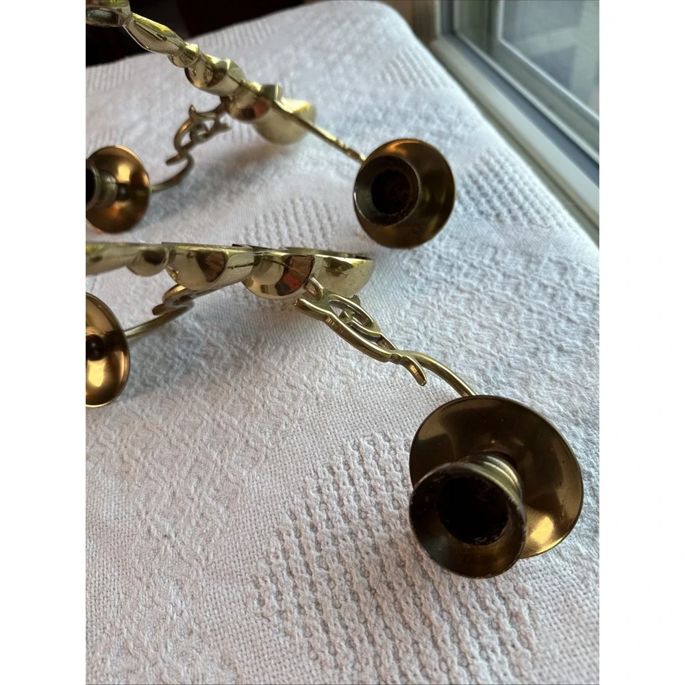 VTG Brass 2-Arm Wall Sconce Candle Holders Polished Gold Baroque Scroll Set of 2